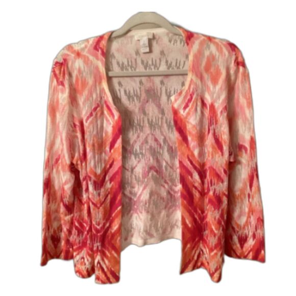 CHICO’S SIZE (2) LARGE 12 GEOMETRIC PRINT SHEER BURNOUT OPEN CARDIGAN SWEATER - Picture 1 of 7